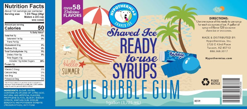 Hypothermias 100% pure cane sugar blue bubble gum snow cone or shaved ice syrup nutritional label.