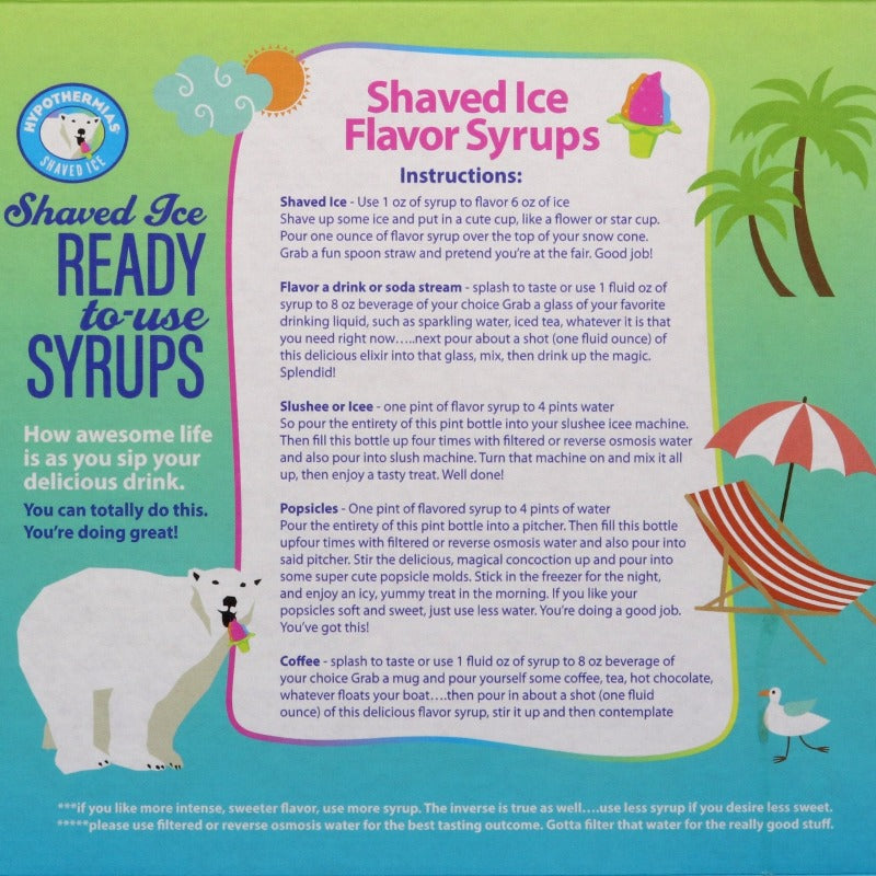 Directions of use for Hypothermias snow cone syrup on the inside cover of the gift box.