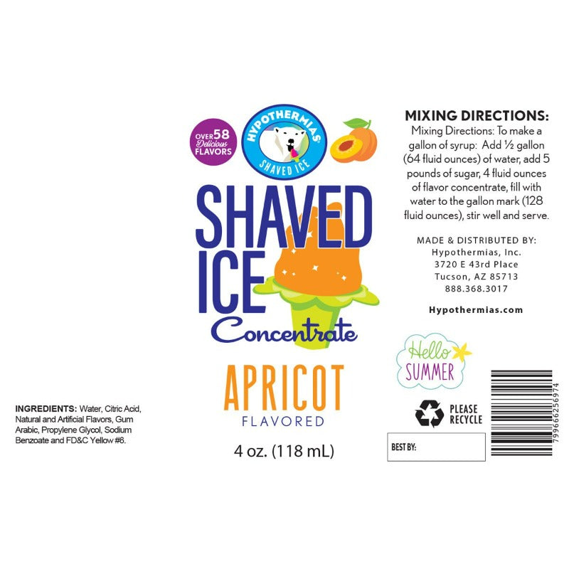 Apricot shaved ice syrup flavor concentrate ingredient label.