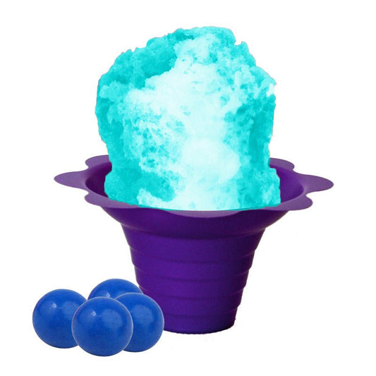 Hypothermias blue bubble gum shaved ice in small purple flower cup