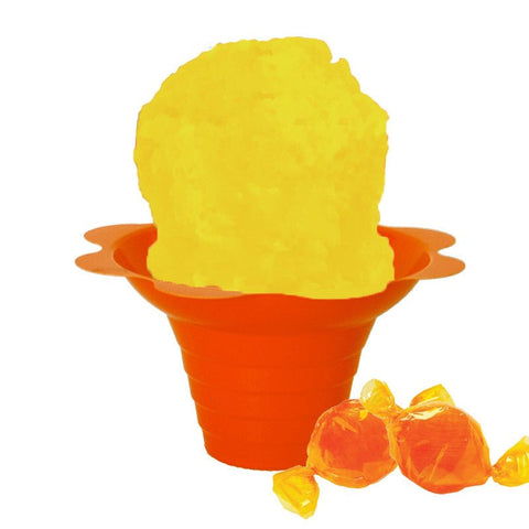 Hypothermias Butterscotch shaved ice in small orange flower cup.