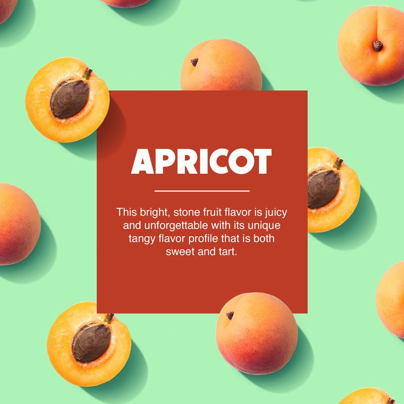 Hypothermias apricot snow cone concentrate description with apricots in background.