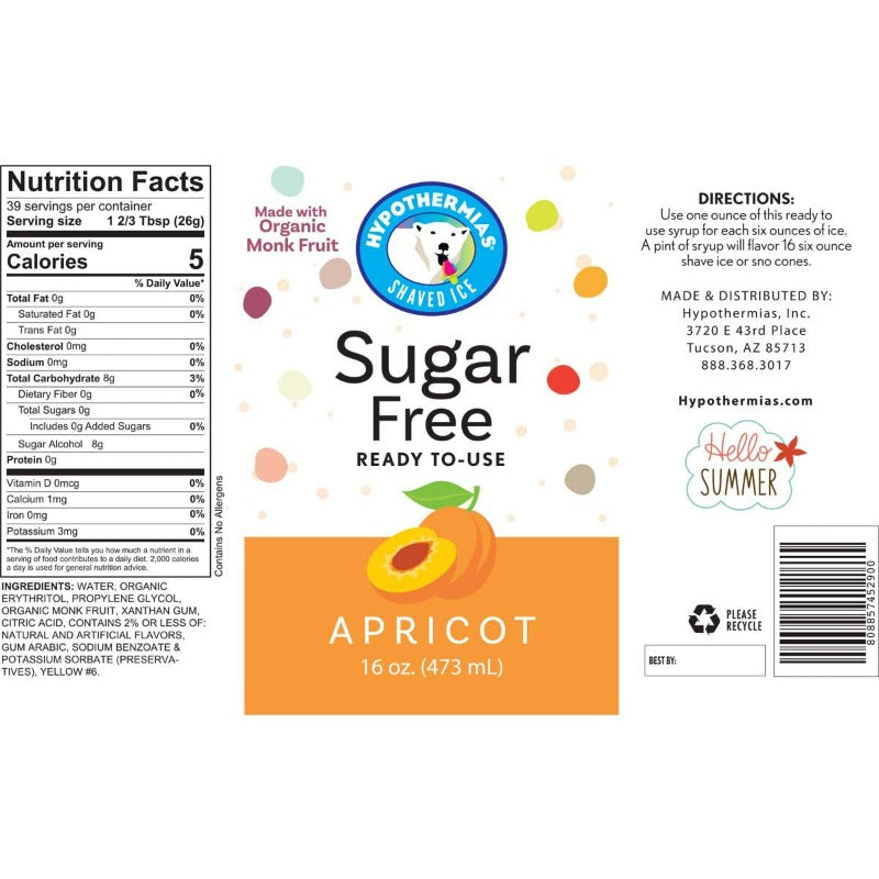 Hypothermias apricot monk fruit sweetened sugar free shaved ice or snow cone syrup nutritional label.