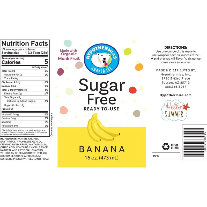Hypothermias banana sugar free shaved ice or snow cone sugar free syrup nutritional label.