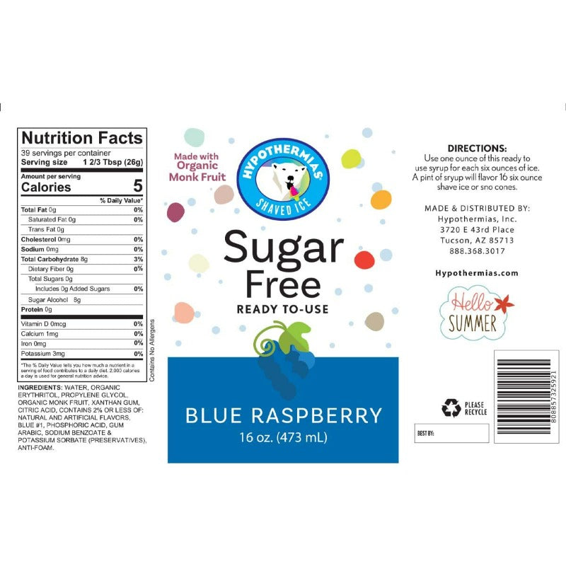 Hypothermias keto-friendly blue raspberry sugar-free snow cone syrup nutritional facts label.