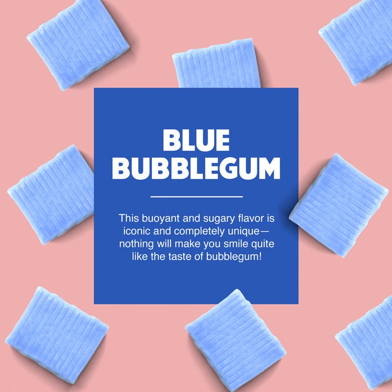  Hypothermias sugar free blue bubble gum snow cone syrup description with pieces of blue gum in background.