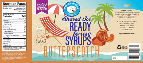 Hypothermias butterscotch pure cane sugar snow cone or shaved ice syrup nutritional label.