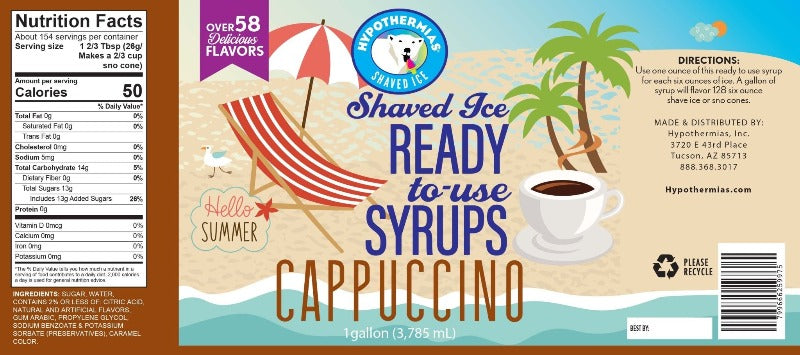 Hypothermias cappuccino pure cane sugar snow cone or shaved ice syrup nutritional facts.