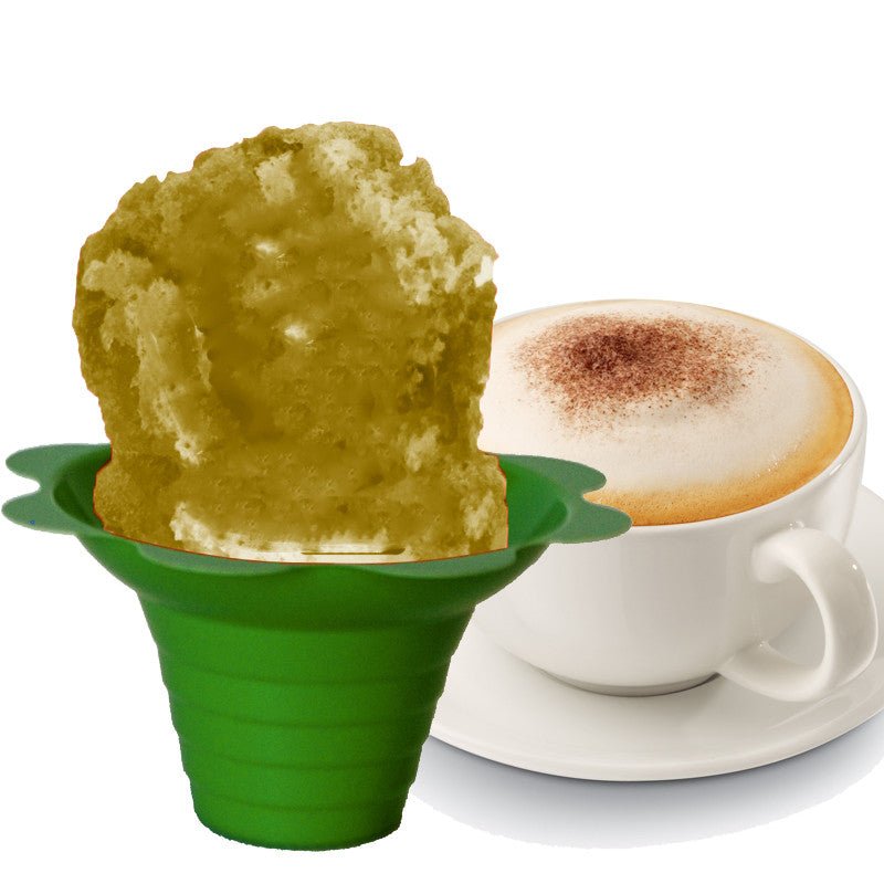 Hypothermias cappuccino shaved ice in green small flower cup.