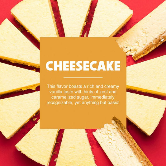 Hypothermias cheesecake pure cane sugar snow cone or shaved ice syrup description with pieces of cheesecake in the background.