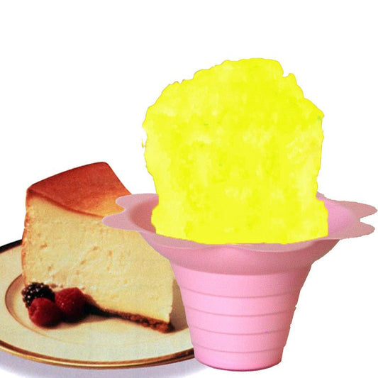 Hypothermias cheesecake shaved ice in small pink flower cup.