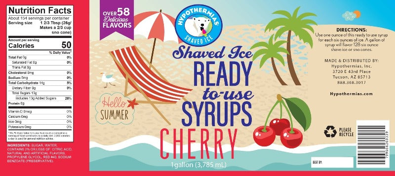 Hypothermias cherry pure cane sugar snow cone or shaved ice syrup nutritional label.