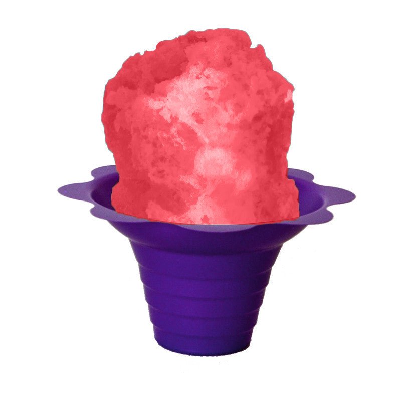 Hypothermias cherry shaved ice in small purple flower cup.