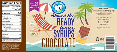 Hypothermias chocolate pure cane sugar snow cone or shaved ice syrup nutritional label.