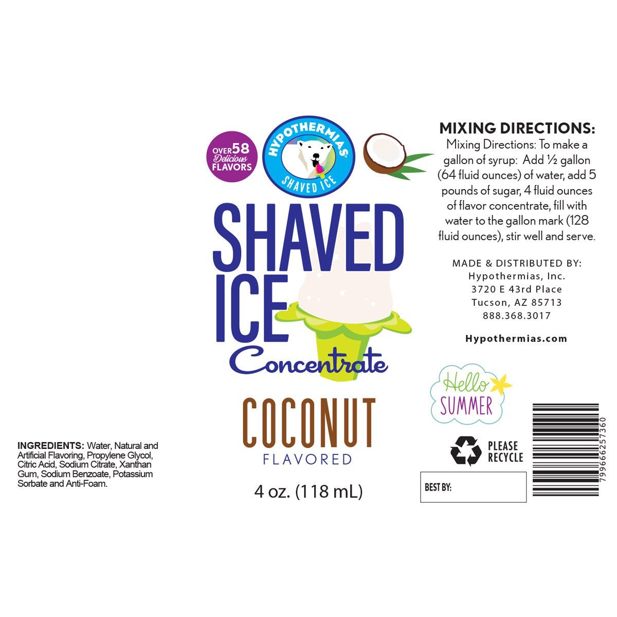 Coconut Shaved Ice Flavor Syrup Concentrate