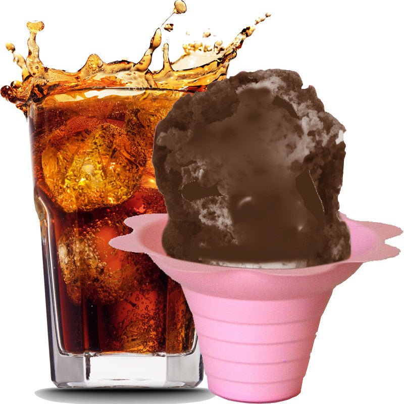Hypothermias cola shaved ice in small pink flower cup.