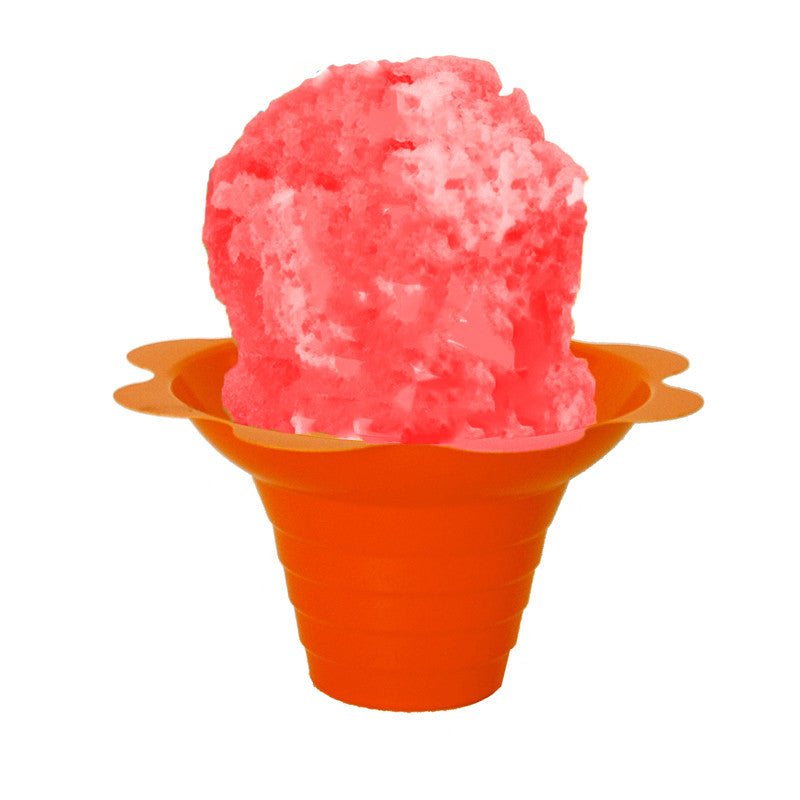 Hypothermias cream soda shaved ice in small orange flower cup.