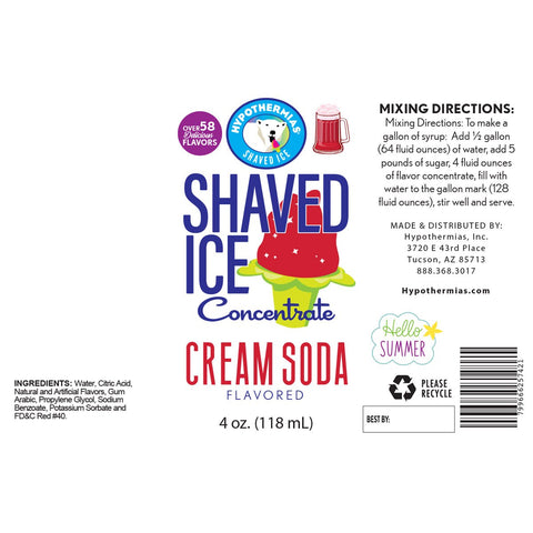 Hypothermias cream soda shaved ice or snow cone flavor concentrate ingredient label.