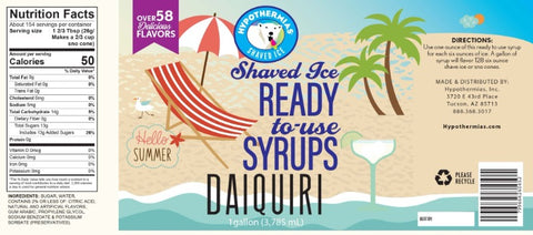 Hypothermias daiquiri pure cane sugar snow cone or shaved ice syrup nutritional label.