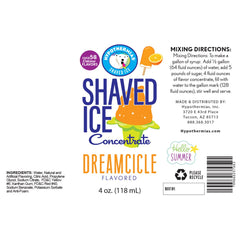 Hypothermias dreamcicle shaved ice or snow cone flavor syrup concentrate ingredient label.