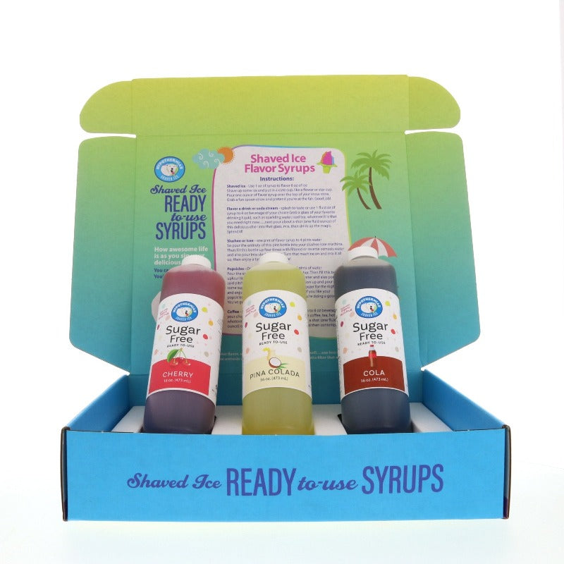 Gift box set of three Sugar Free shaved ice flavor syrups - Cherry, Piña Colada, Cola - Hypothermias.com