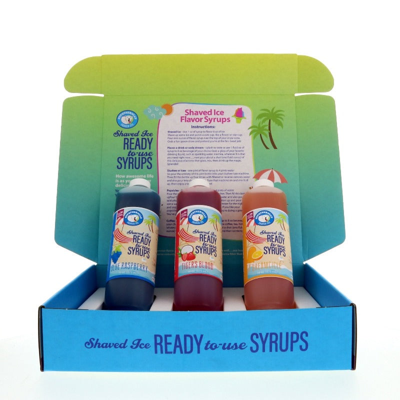 Hypothermias gift set of 3 shaved ice or snow cone flavors in gift box.