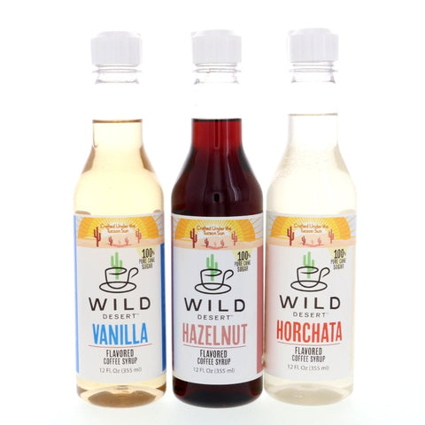 Gourmet coffee syrup gift set of three flavors - Vanilla, Hazelnut, Horchata made with 100% pure cane sugar.