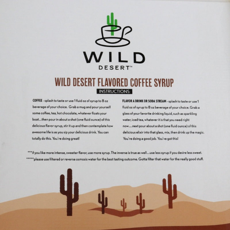 Inside cover of Wild Desert coffee syrup gift box set showing mixing directions.