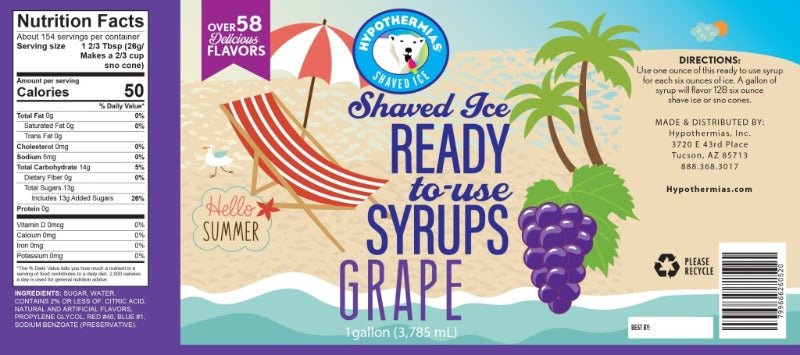 Hypothermias grape pure cane sugar snow cone or shaved ice syrup nutritional label.