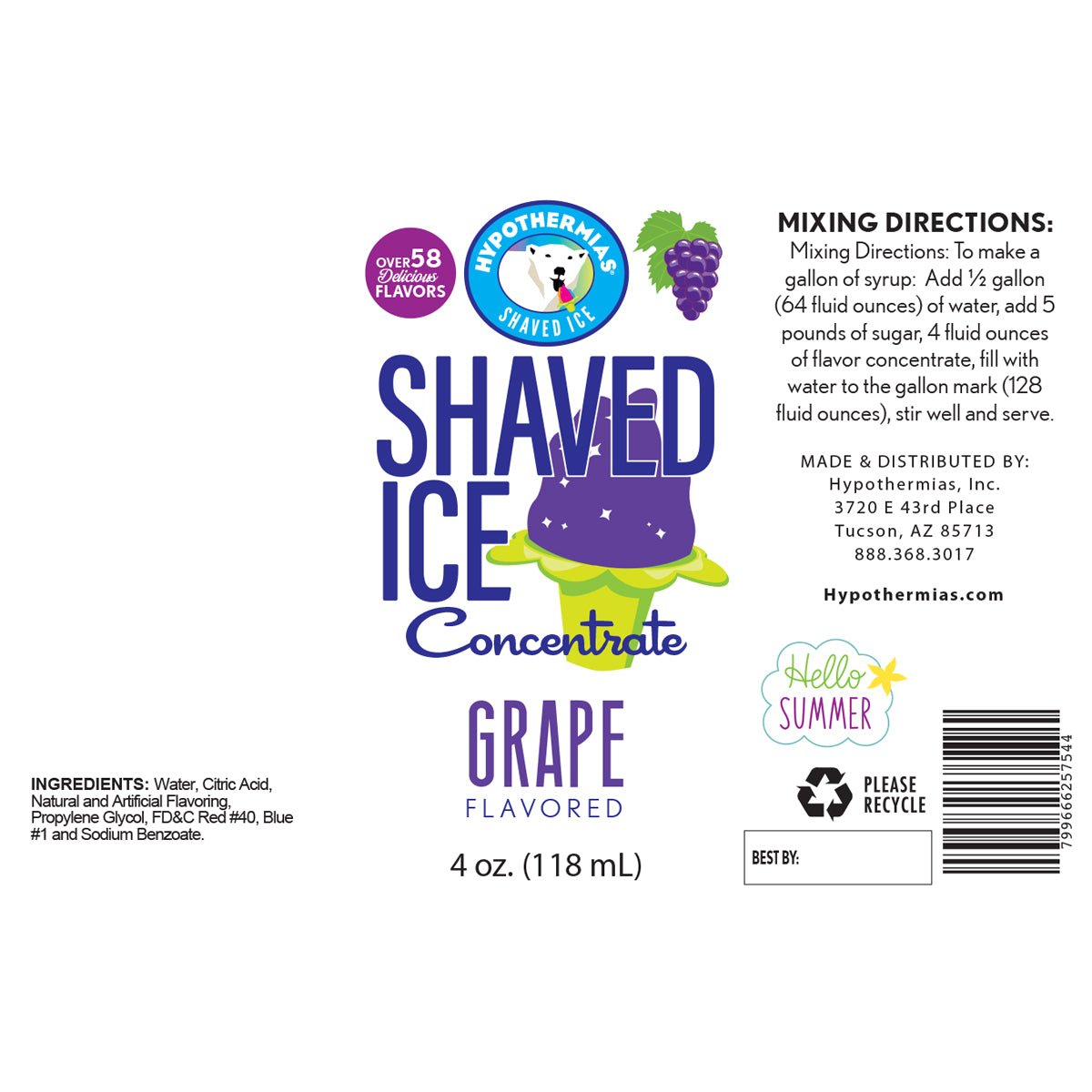 Hypothermias grape shaved ice or snow cone flavor syrup concentrate ingredient label.