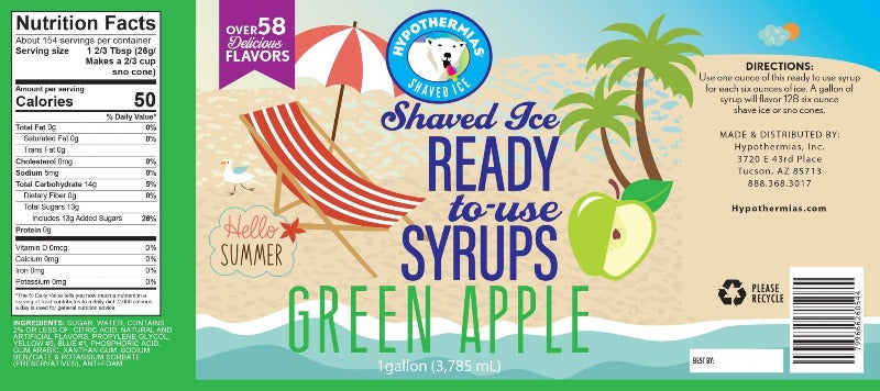Hypothermias green apple pure cane sugar snow cone or shaved ice syrup nutritional label