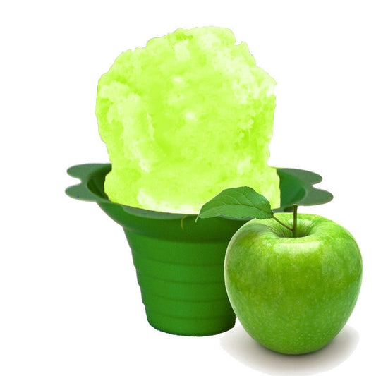 Hypothermias green apple shaved ice in small green flower cup.