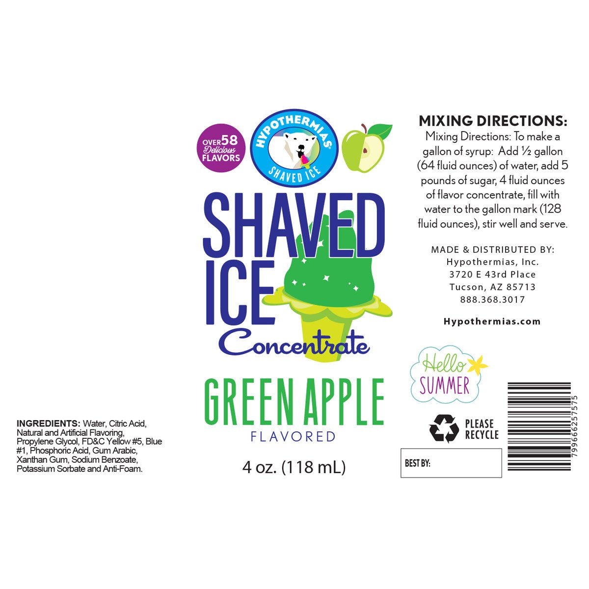 Hypothermias green apple shaved ice or snow cone flavor syrup concentrate ingredient label.