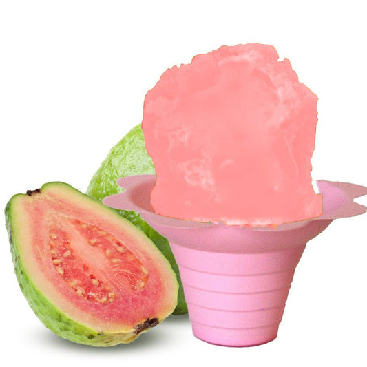 Hypothermias guava shaved ice in small pink flower cup.