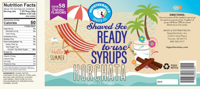 Hypothermias horchata snow cone or shaved ice syrup pure cane sugar nutritional label.