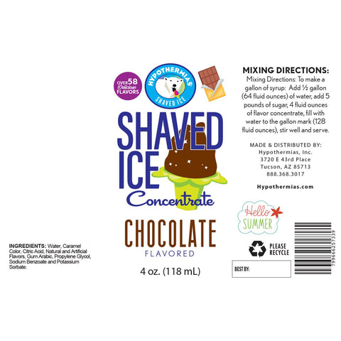 Ingredient label for Hypothermias chocolate shaved ice or snow cone syrup flavor concentrate.