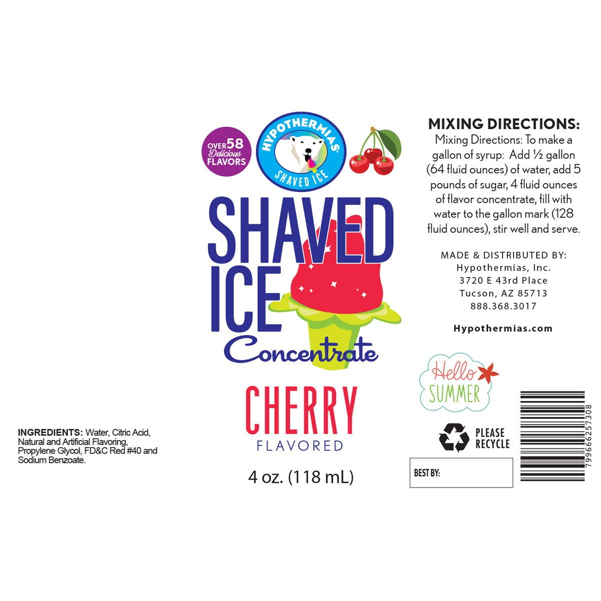 Hypothermias ingredient label for cherry shaved ice or snow cone flavor syrup concentrate