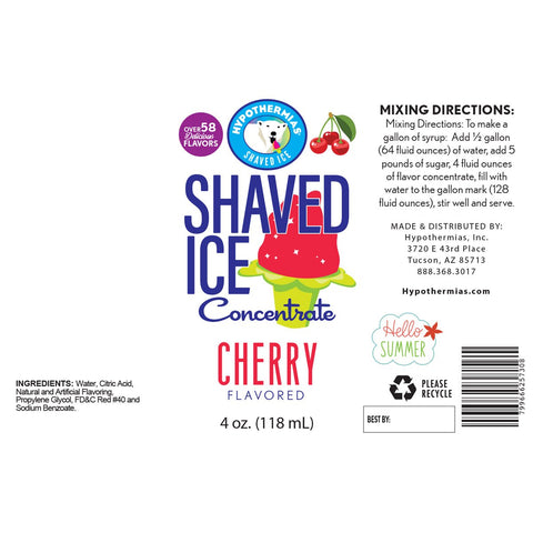 Hypothermias ingredient label for cherry shaved ice or snow cone flavor syrup concentrate