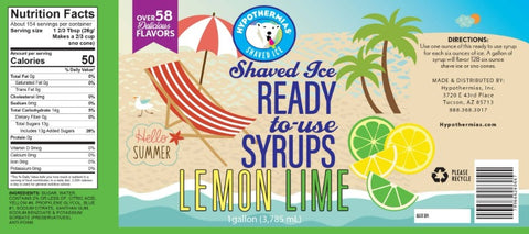 Hypothermias lemon lime pure cane sugar snow cone or shaved ice syrup nutritional label.