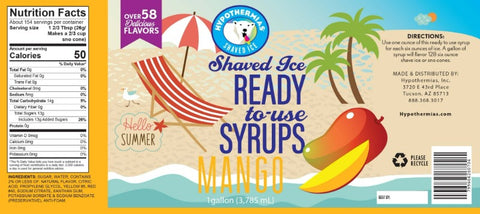Hypothermias mango pure cane sugar snow cone or shaved ice syrup nutritional label.