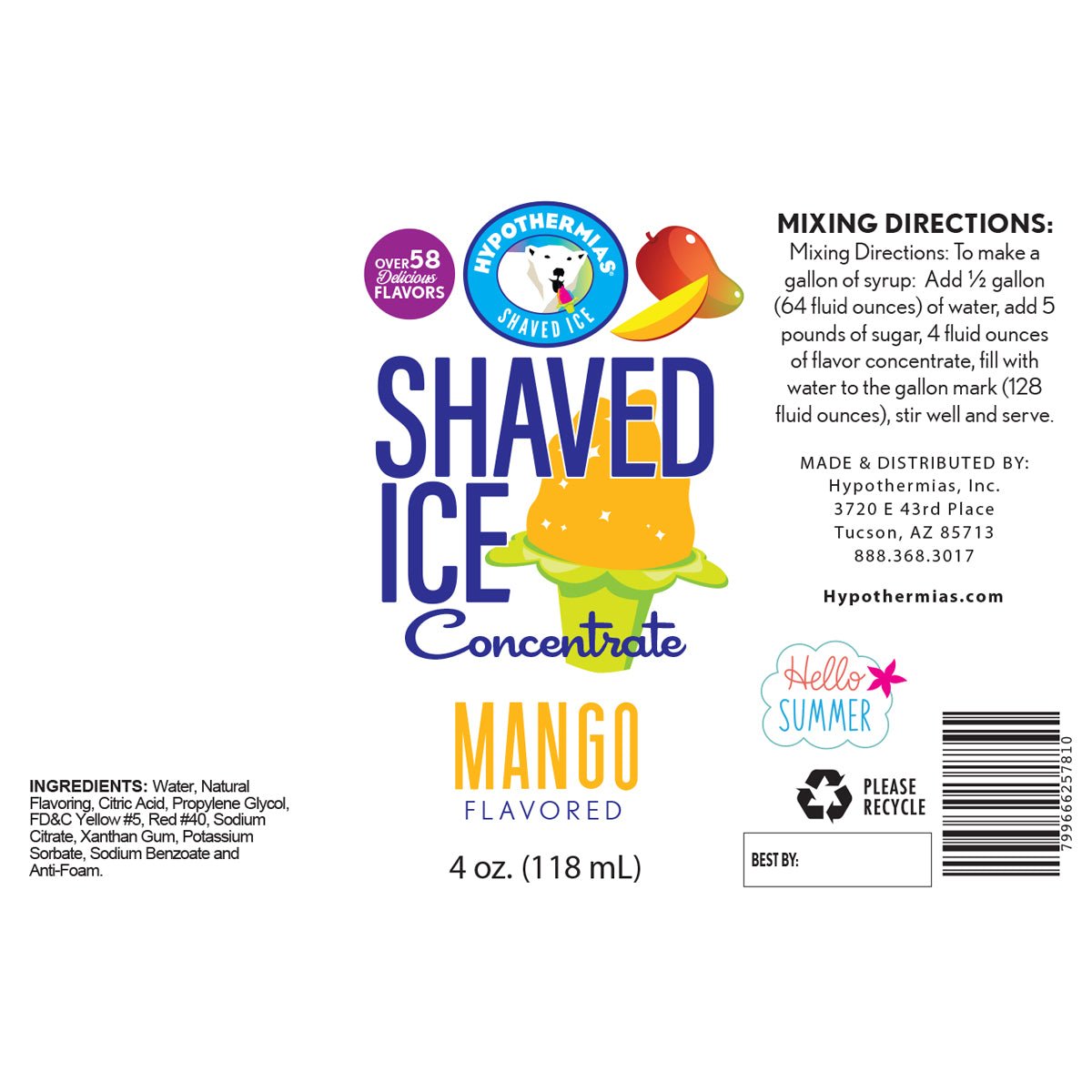 Hypothermias mango shaved ice or snow cone flavor syrup concentrate ingredient label.