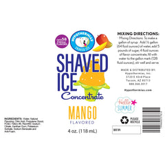 Hypothermias mango shaved ice or snow cone flavor syrup concentrate ingredient label.