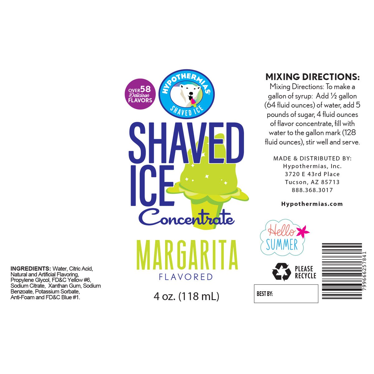 Hypothermias margarita shaved ice or snow cone flavor syrup concentrate ingredient label.
