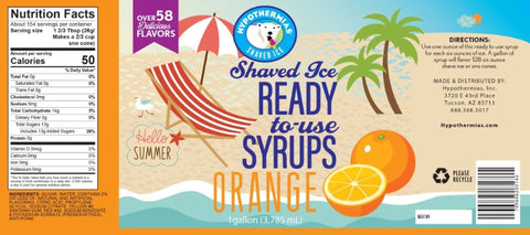 Hypothermias orange pure cane sugar snow cone or shaved ice syrup nutritional label.