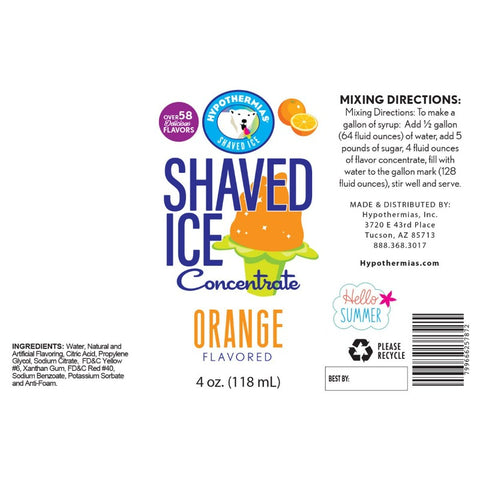 Hypothermias orange shaved ice or snow cone flavor syrup concentrate ingredient label.