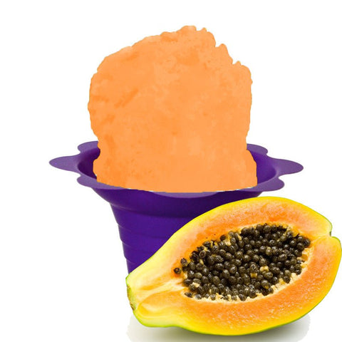 Hypothermias papaya shaved ice in small purple flower cup.