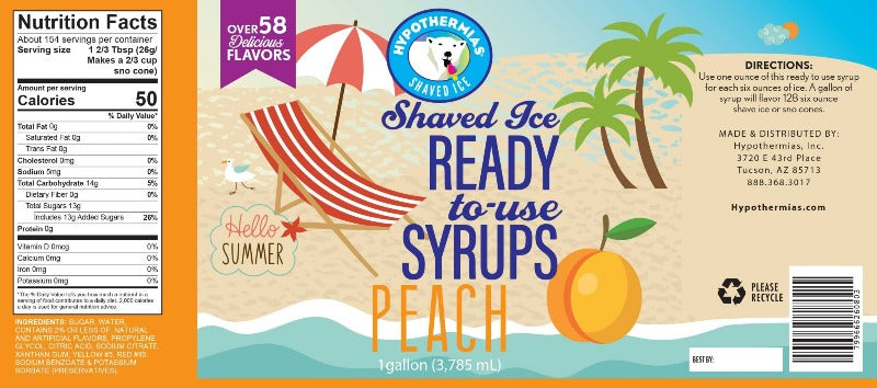 Hypothermias peach pure cane sugar snow cone or shaved ice syrup nutritional label.