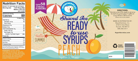 Hypothermias peach pure cane sugar snow cone or shaved ice syrup nutritional label.