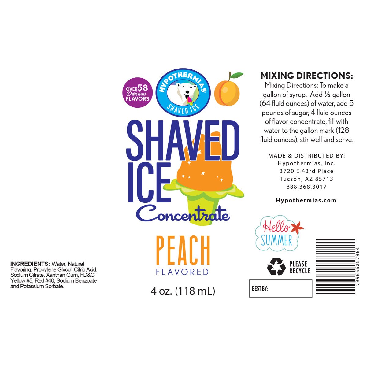 Hypothermias peach shaved ice or snow cone flavor syrup concentrate ingredient label.