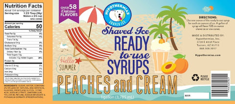 Hypothermias peaches and cream pure cane sugar snow cone or shaved ice syrup nutritional label.